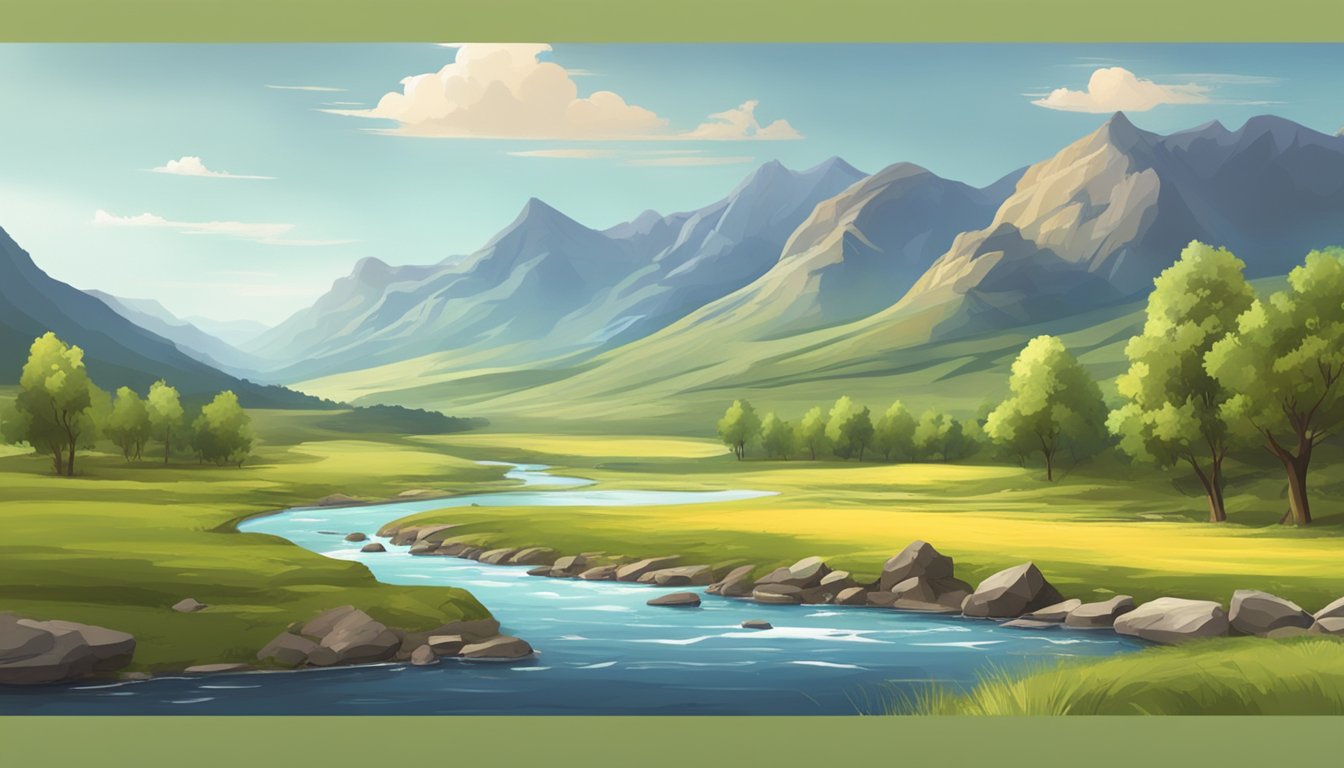 A picturesque landscape with a rugged terrain and a flowing river, surrounded by vast open fields and scattered trees