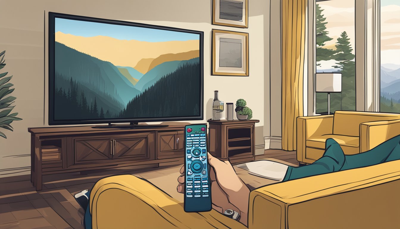 A remote control pointed at a TV screen showing the Yellowstone series