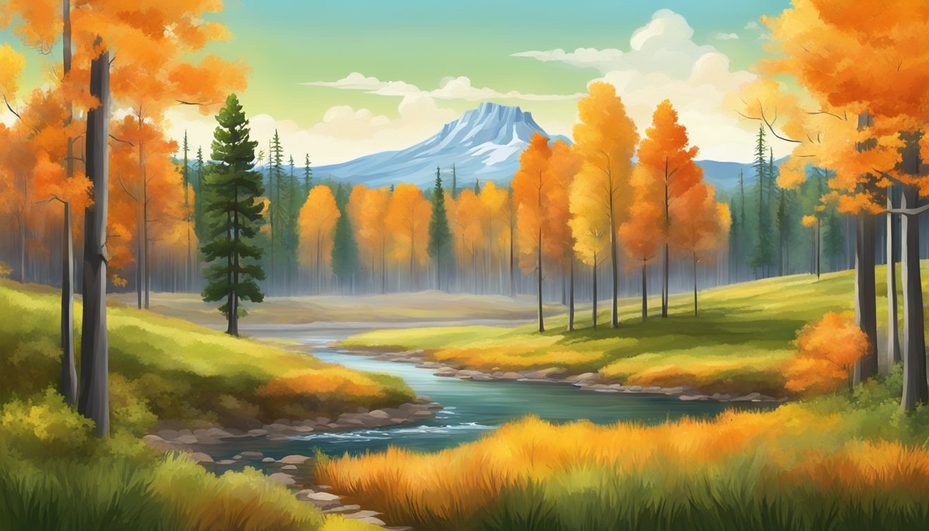 A picturesque landscape with changing foliage, from lush green to fiery orange, symbolizing the different seasons in the Yellowstone series