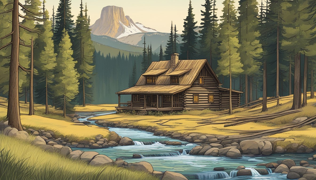 A rustic cabin in the wilderness, surrounded by towering pine trees and a bubbling stream. A sign reads "Yellowstone National Park" in the distance