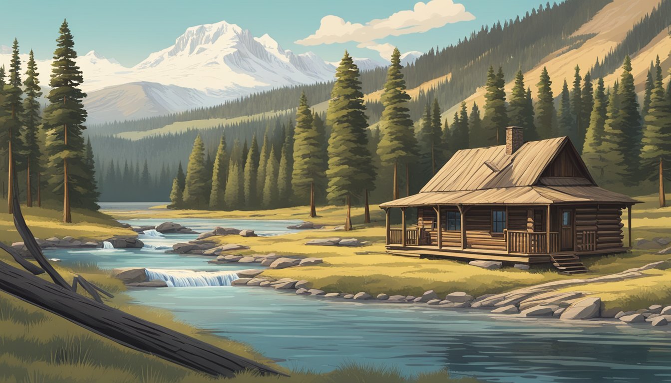 A rustic cabin in the mountains, surrounded by pine trees and a glistening river, with a sign reading "Yellowstone National Park" in the background