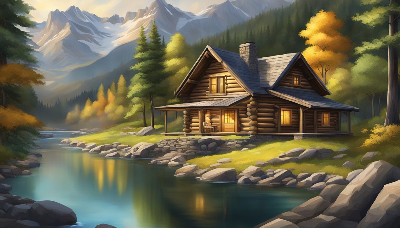 A rustic log cabin nestled in the rugged mountains, surrounded by dense forests and a winding river