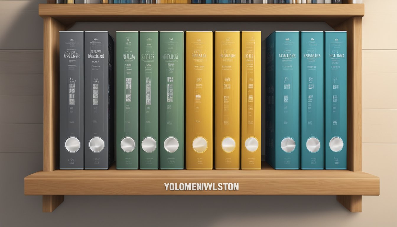 A row of DVD cases labeled "Yellowstone" lined up on a shelf, each with a different season number