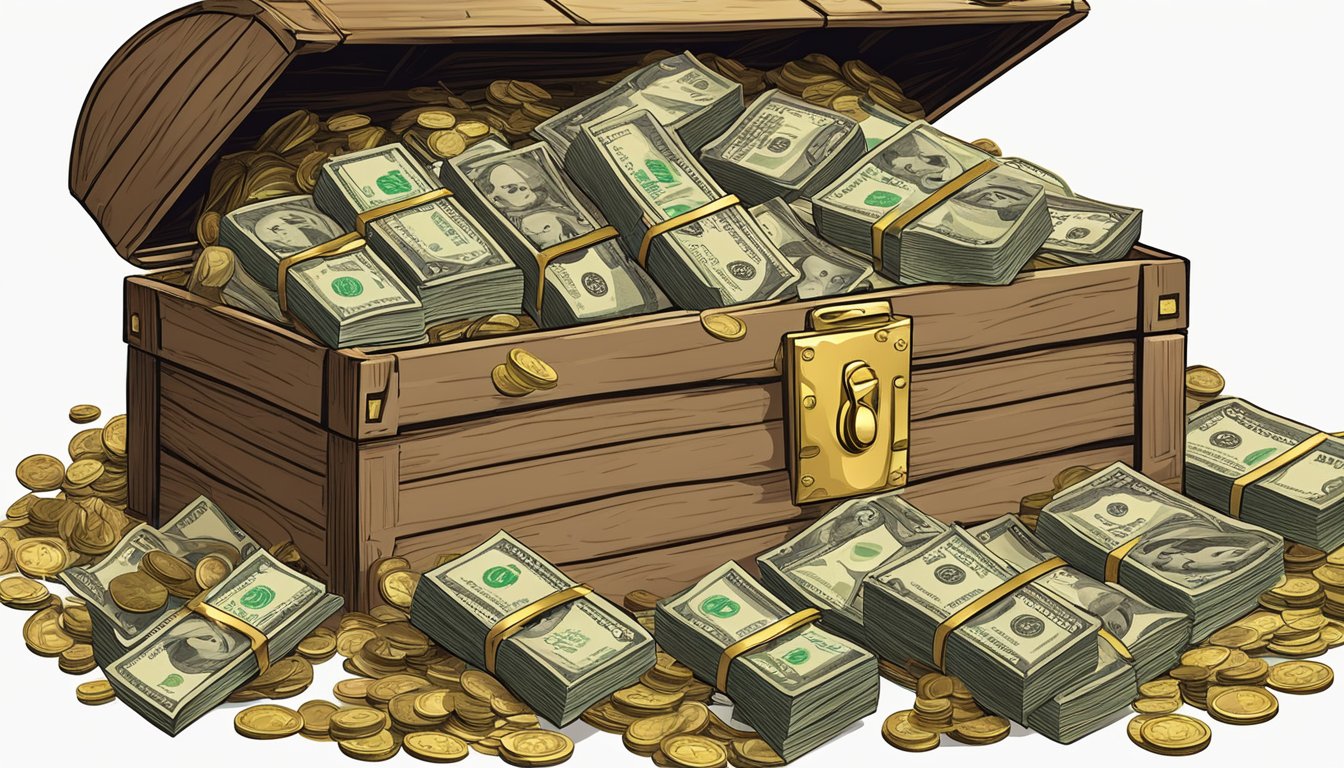 A pile of cash overflowing from a vintage wooden box, surrounded by stacks of dollar bills and gold coins