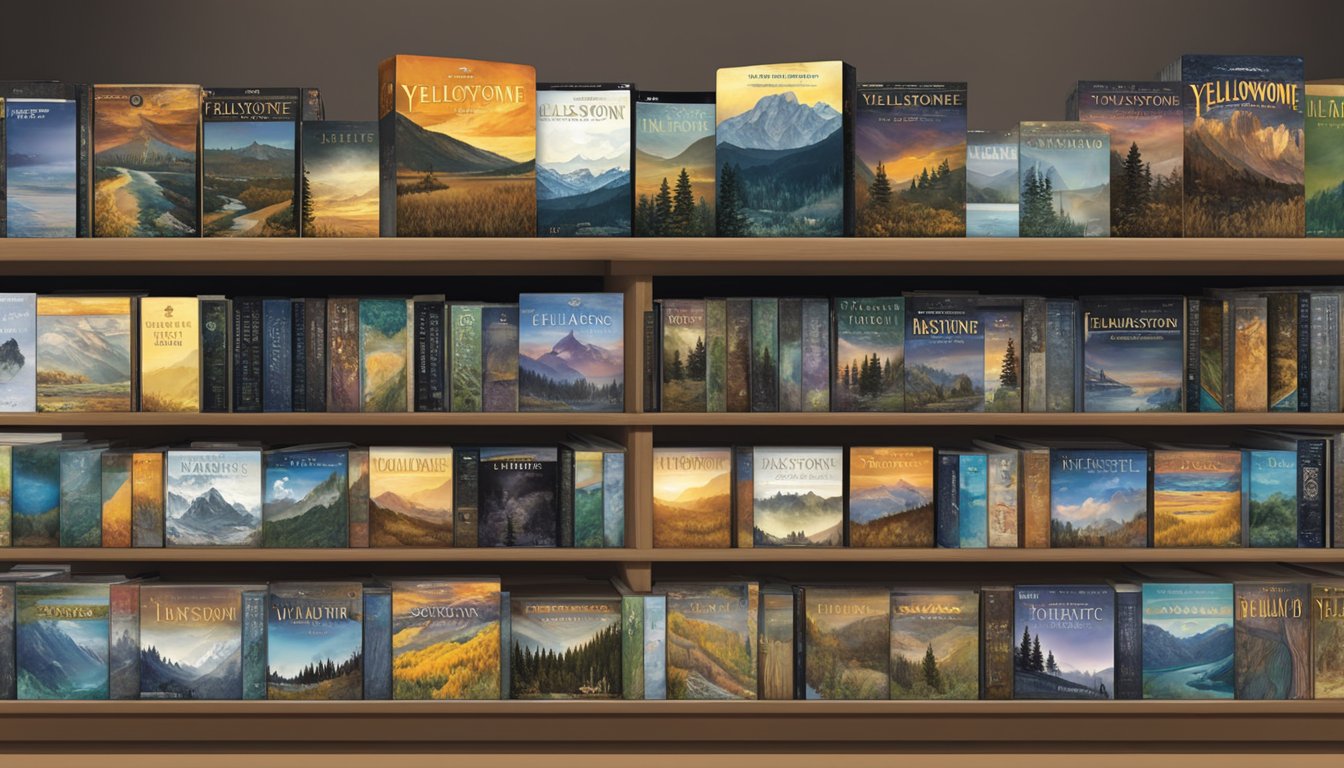 A shelf of DVDs and Blu-rays featuring the Yellowstone series, with different seasons and cover designs displayed