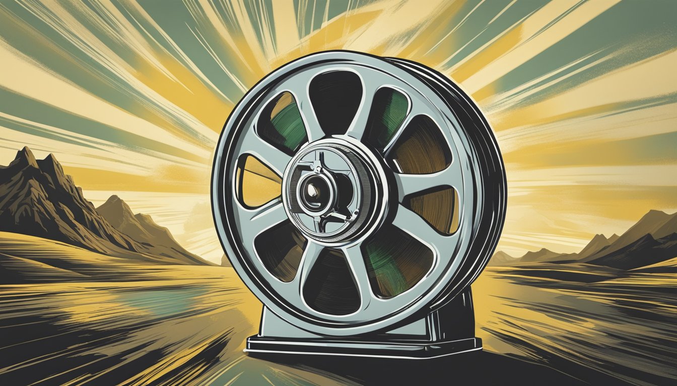 A vintage film reel marked "Yellowstone" spins on a projector, casting flickering images onto a blank screen