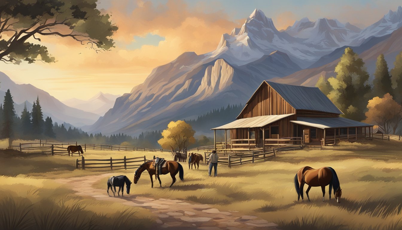 A rustic, western-style ranch with horses grazing in the foreground, set against a dramatic mountain backdrop