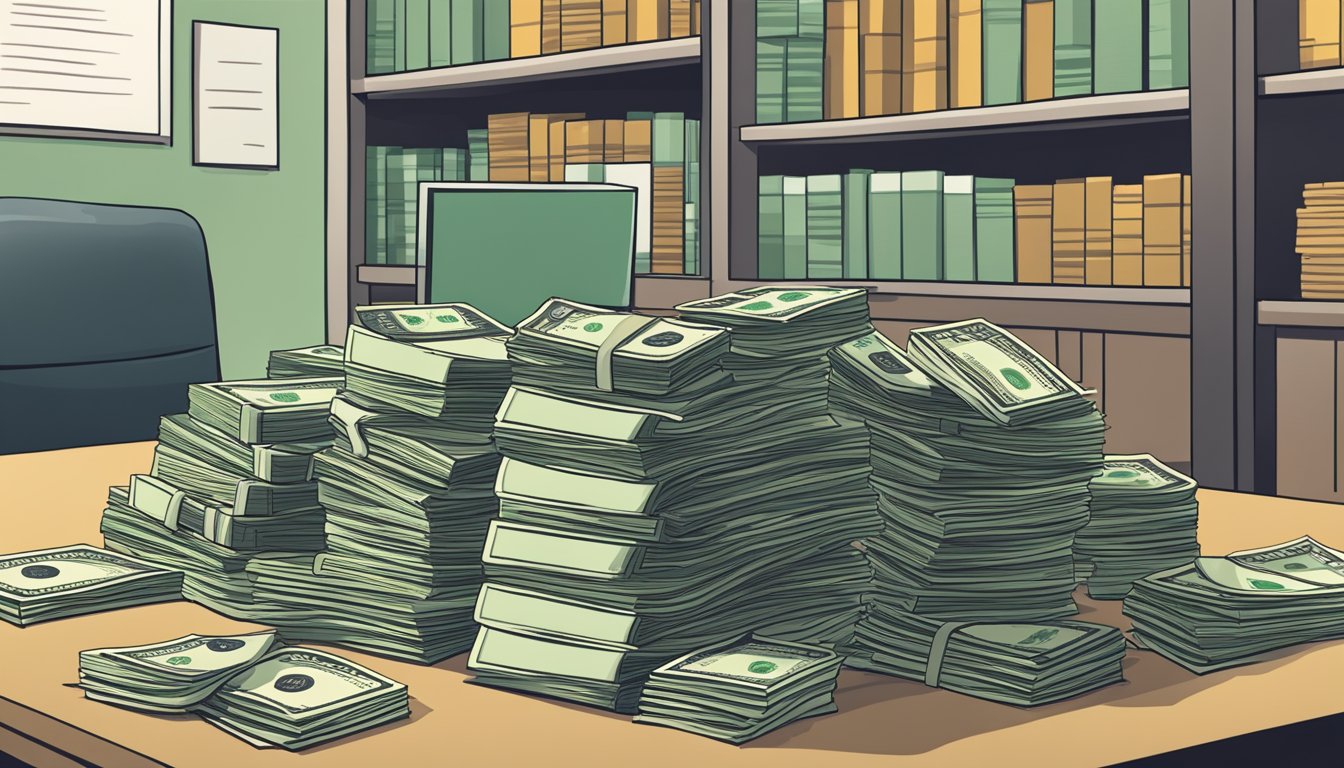 A pile of cash sits on a table, surrounded by stacks of money and financial documents. A chart shows the series' increasing profits