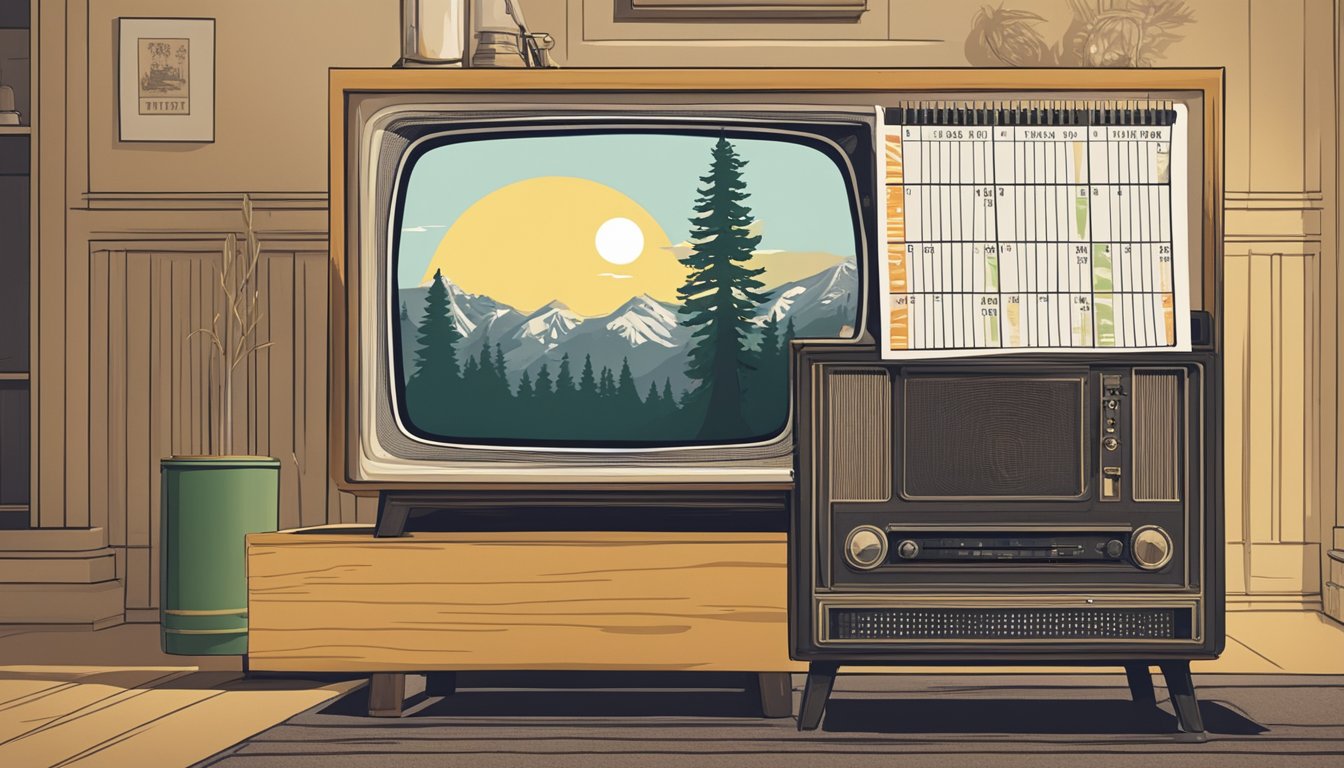 A vintage television set playing the show "Yellowstone" with a calendar showing the current year in the background