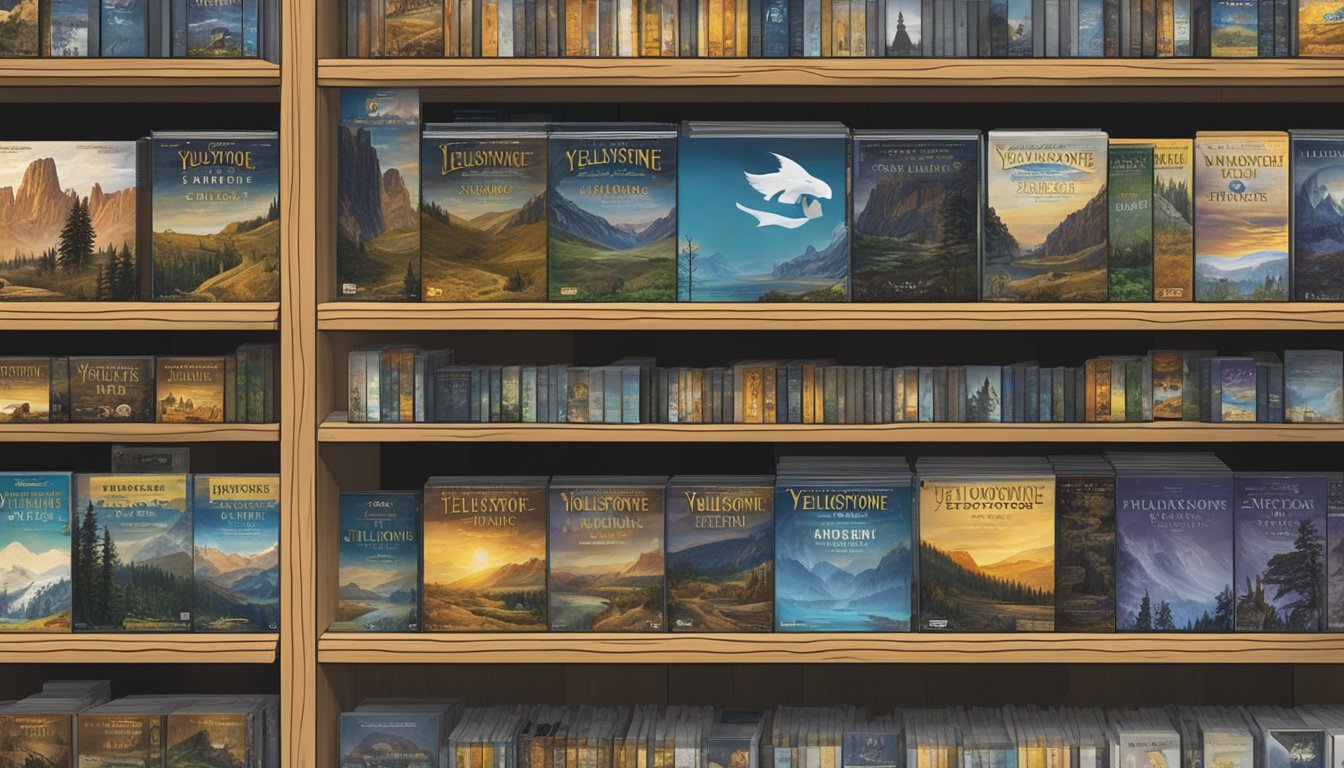 A display of Yellowstone series DVDs and Blu-rays on a shelf in a store