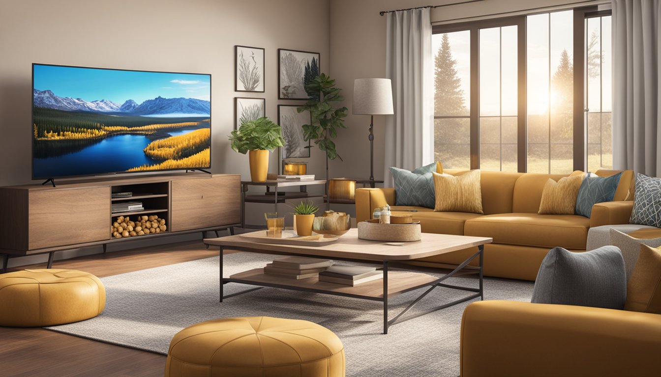 A cozy living room with a large TV screen showing the Yellowstone series. Popcorn and drinks on the coffee table