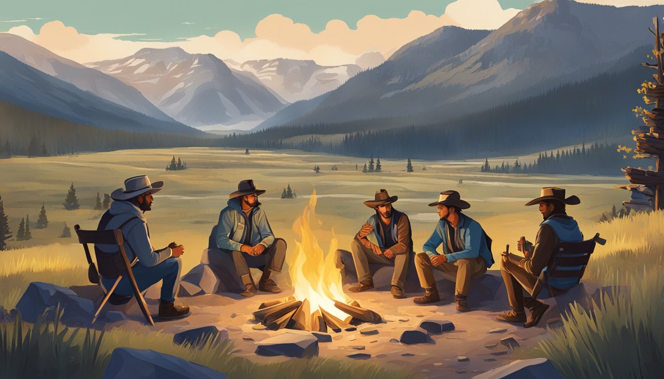 A group of diverse characters gather around a campfire in a rugged, mountainous landscape, with the iconic Yellowstone ranch in the background