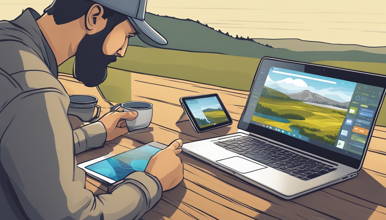 A person using a laptop to purchase the Yellowstone series online, while a smartphone and tablet sit nearby