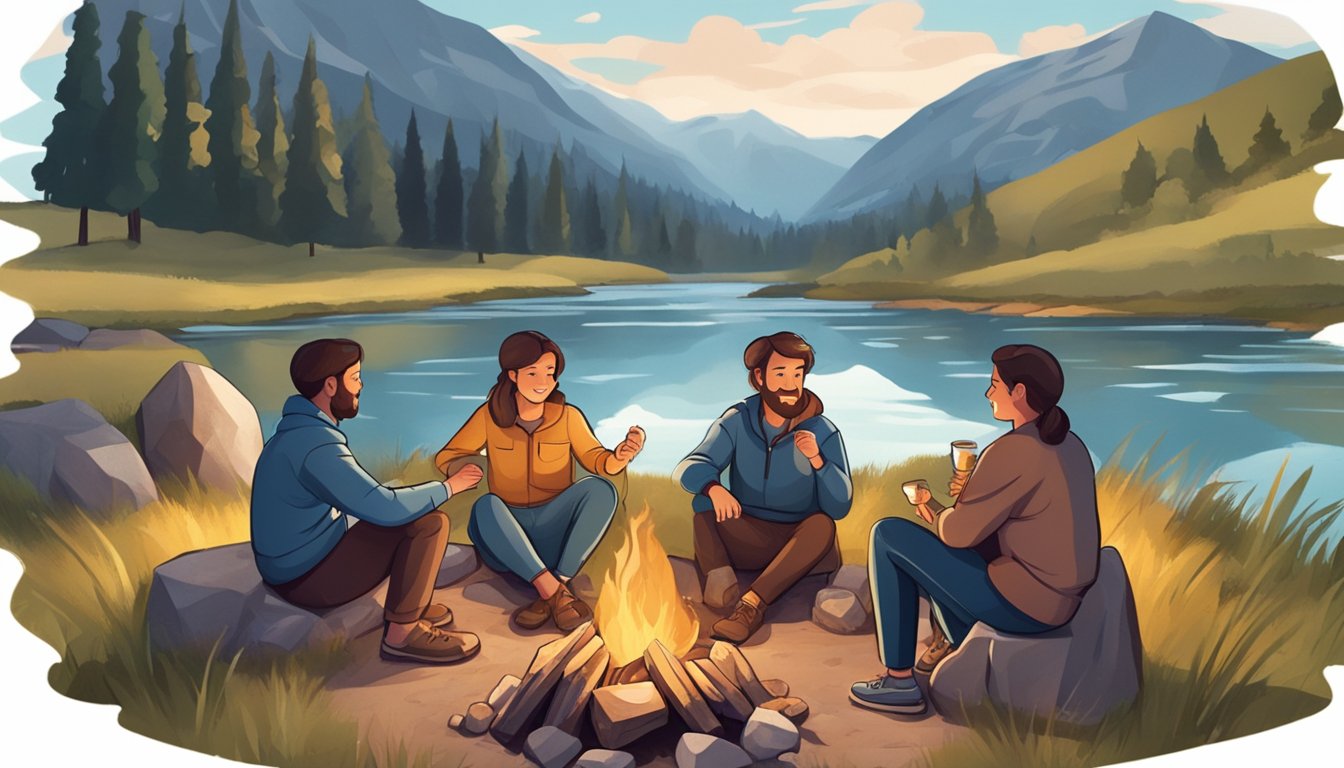 A family sitting around a campfire in a rustic setting, with mountains and a river in the background