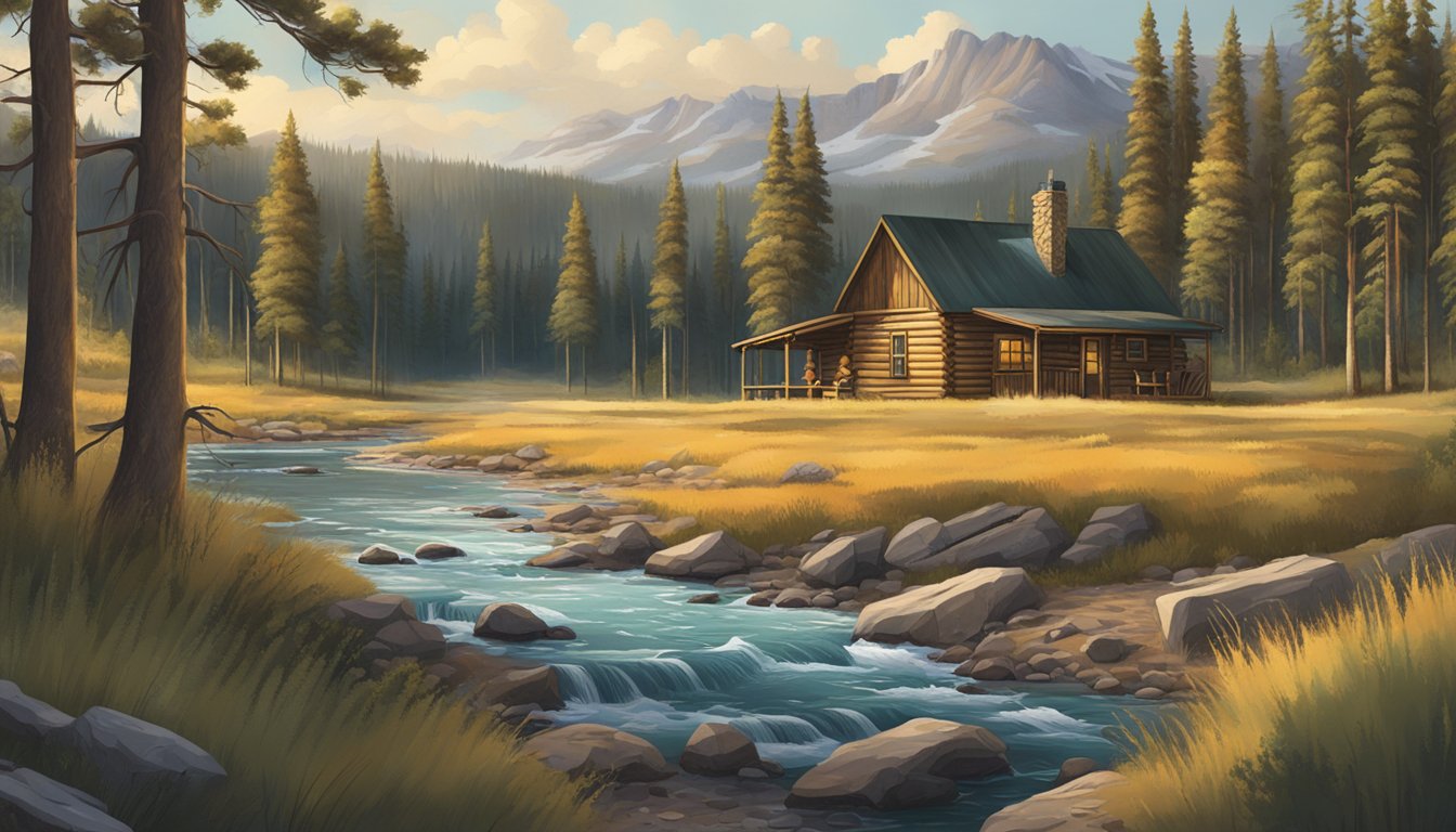 A remote cabin in the wilderness with a television playing the Yellowstone series, surrounded by rugged landscapes and wildlife