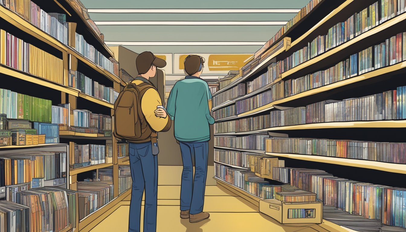 A person browsing a shelf of DVDs labeled "Yellowstone series" in a store