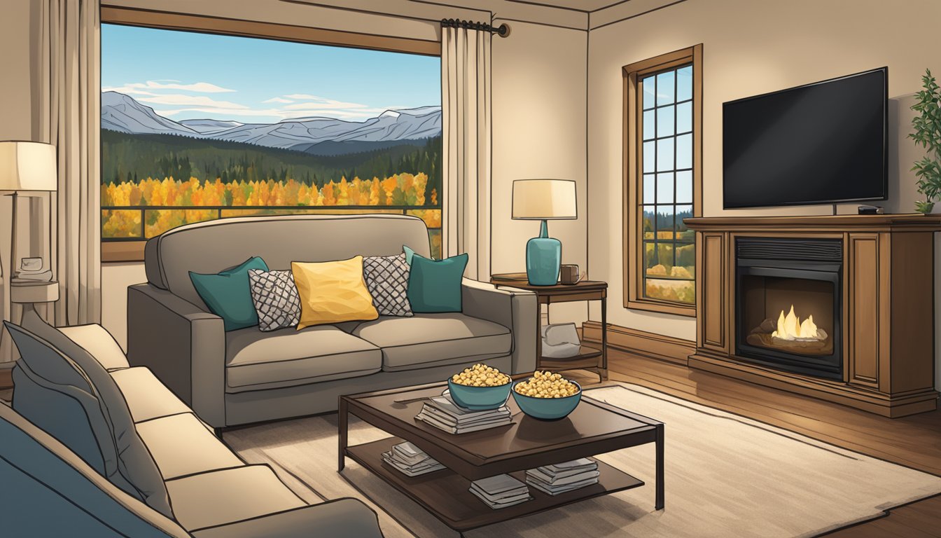 A cozy living room with a large screen TV showing the Yellowstone series. A bowl of popcorn sits on the coffee table