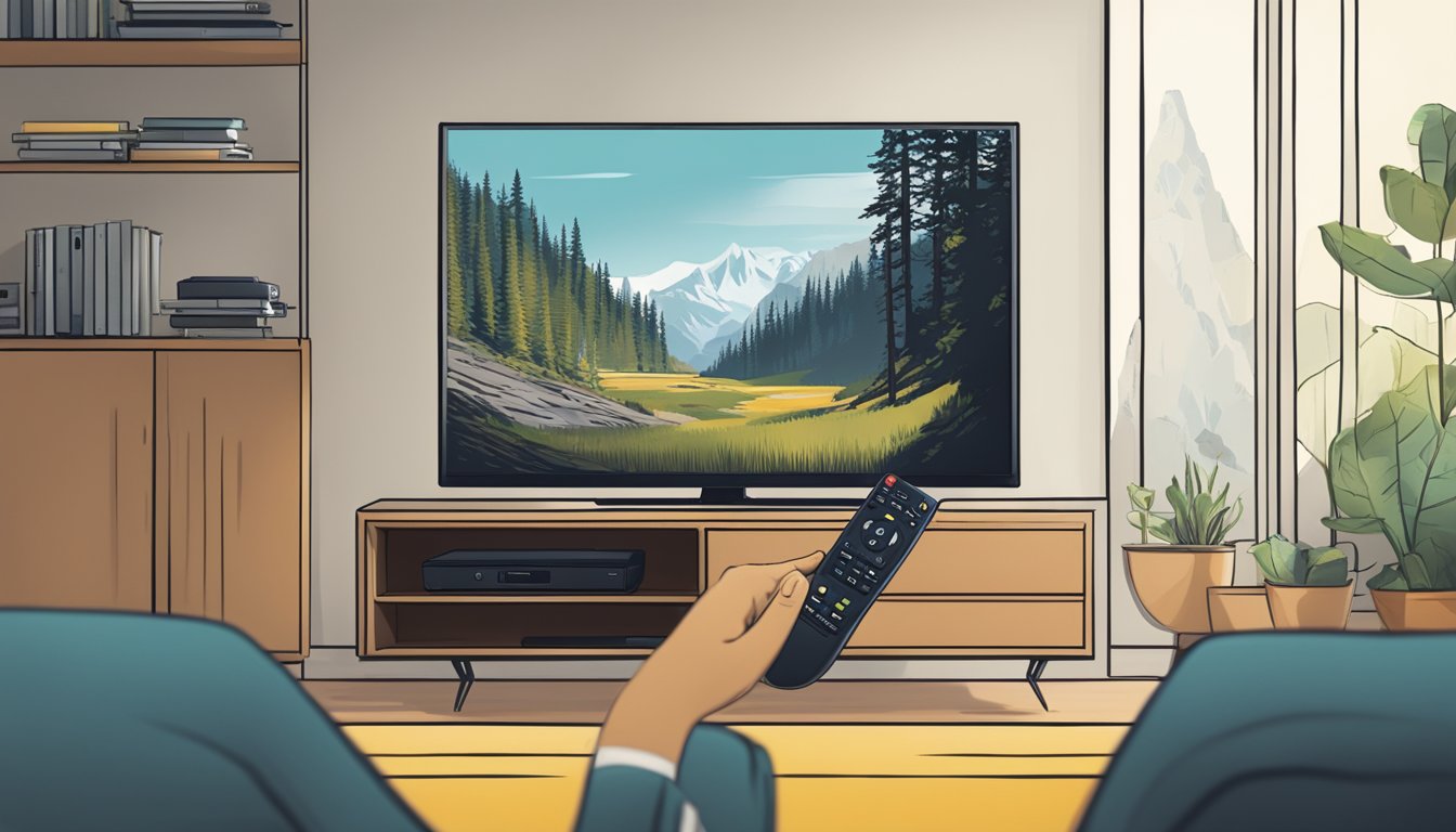 A remote control pointing at a smart TV with the Yellowstone series streaming on the screen