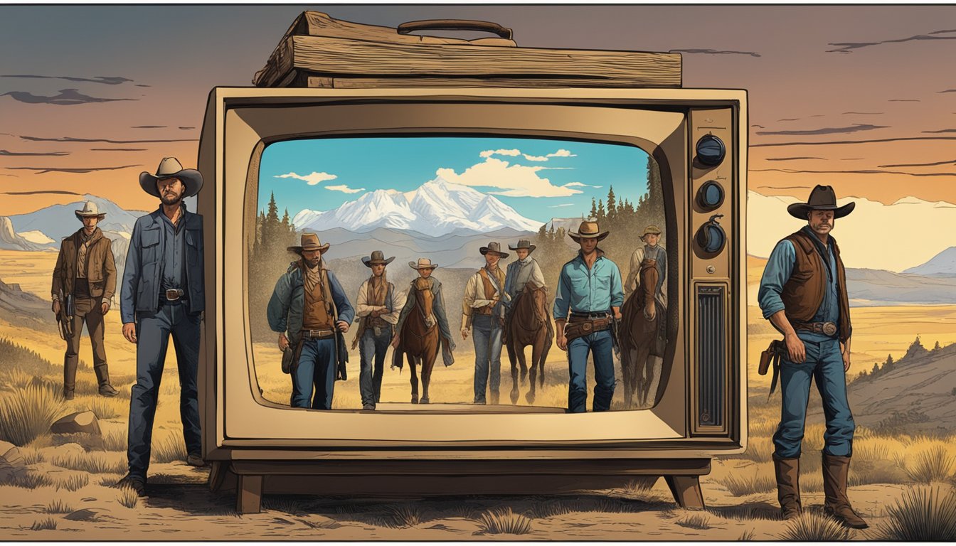 A television screen displaying the Yellowstone series 2 on Amazon Prime, with the show's title and characters in a dramatic Western setting