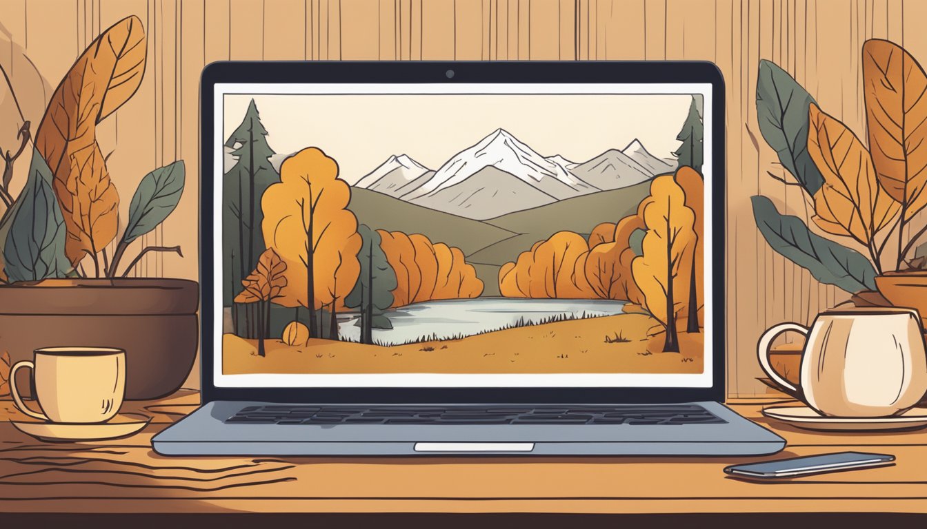 A laptop displaying the streaming platform with the Yellowstone show playing, surrounded by cozy autumn decorations and a warm cup of tea