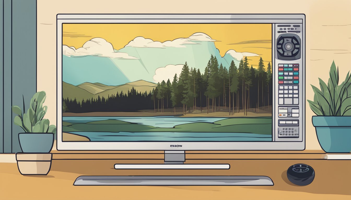 A remote control pointed at a TV screen with the Yellowstone show streaming options displayed