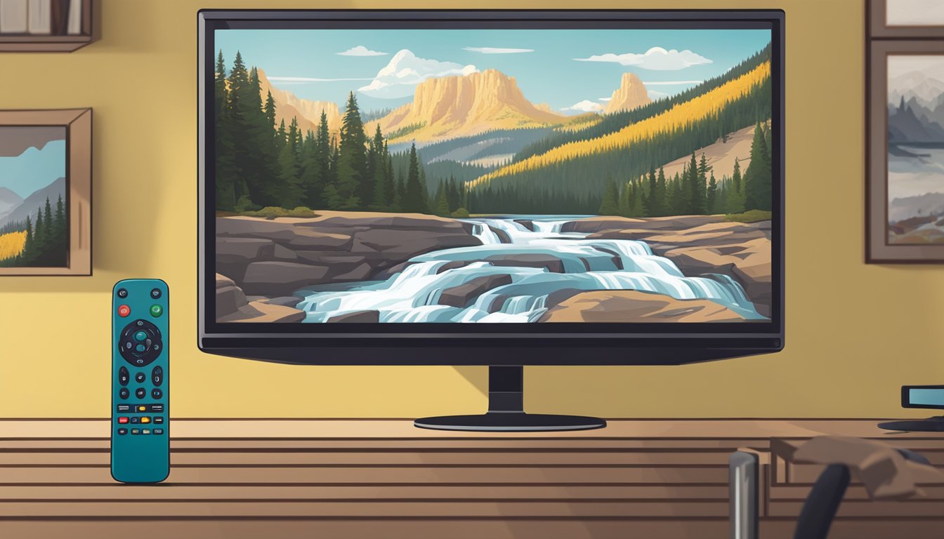 A remote control hovers over a streaming device, with the Yellowstone show displayed on the television screen in the background