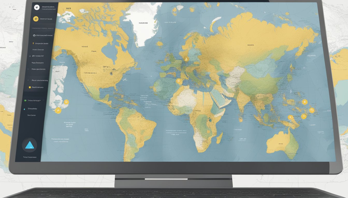 A laptop displaying the Yellowstone show homepage with the play button highlighted, while a world map in the background shows streaming availability