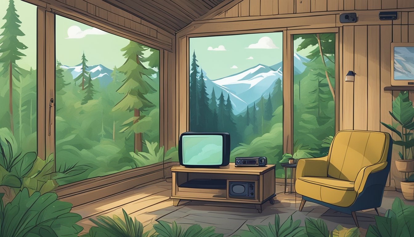 A remote cabin in a lush forest, with a streaming service logo on a TV screen