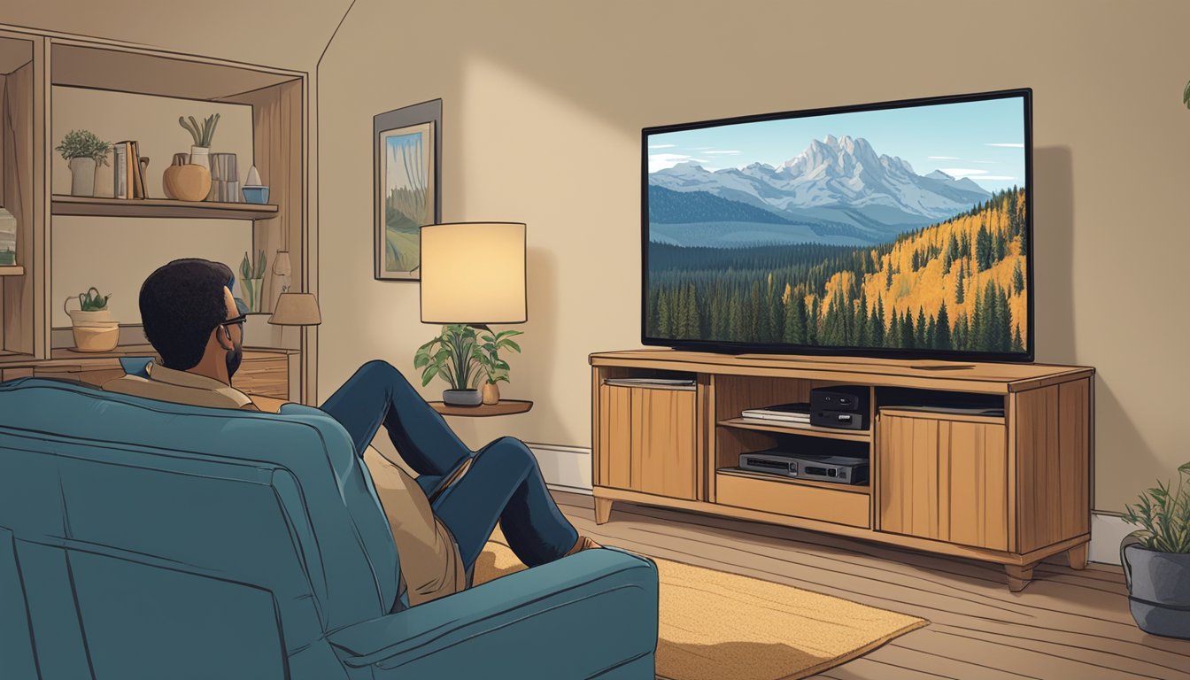 A person sitting on a couch, remote in hand, watching the TV show "Yellowstone" on a DIRECTV screen