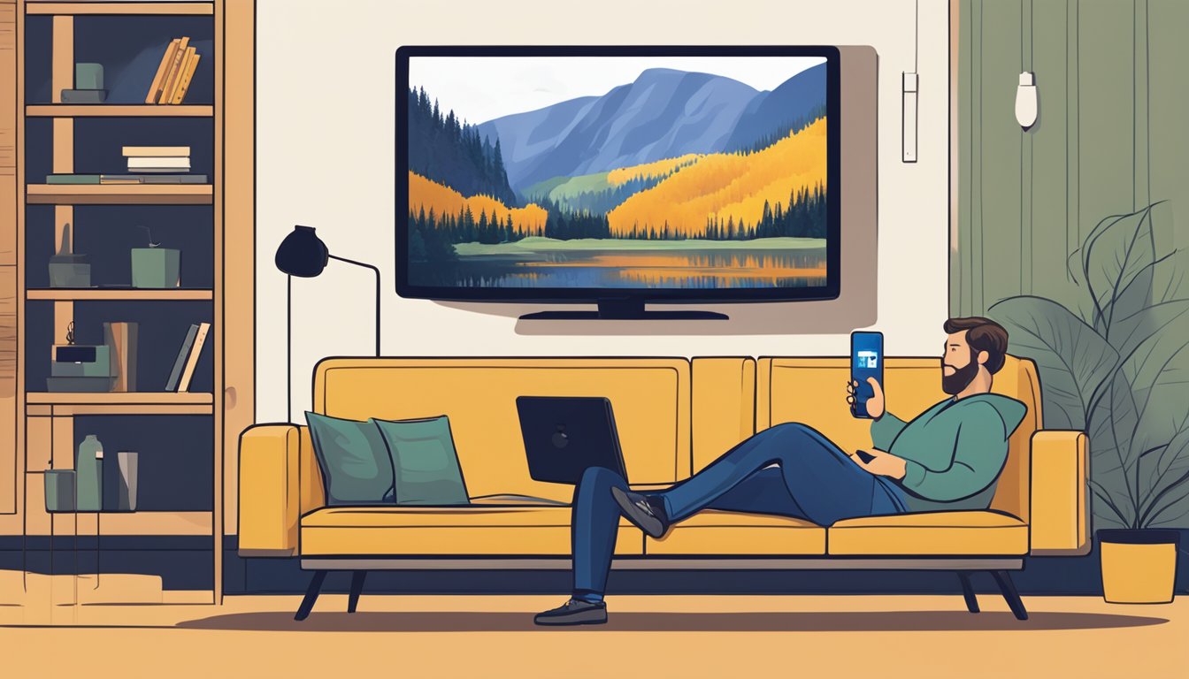 A person sitting on a couch, holding a remote and watching the Yellowstone series on a TV screen with the Paramount Plus logo displayed