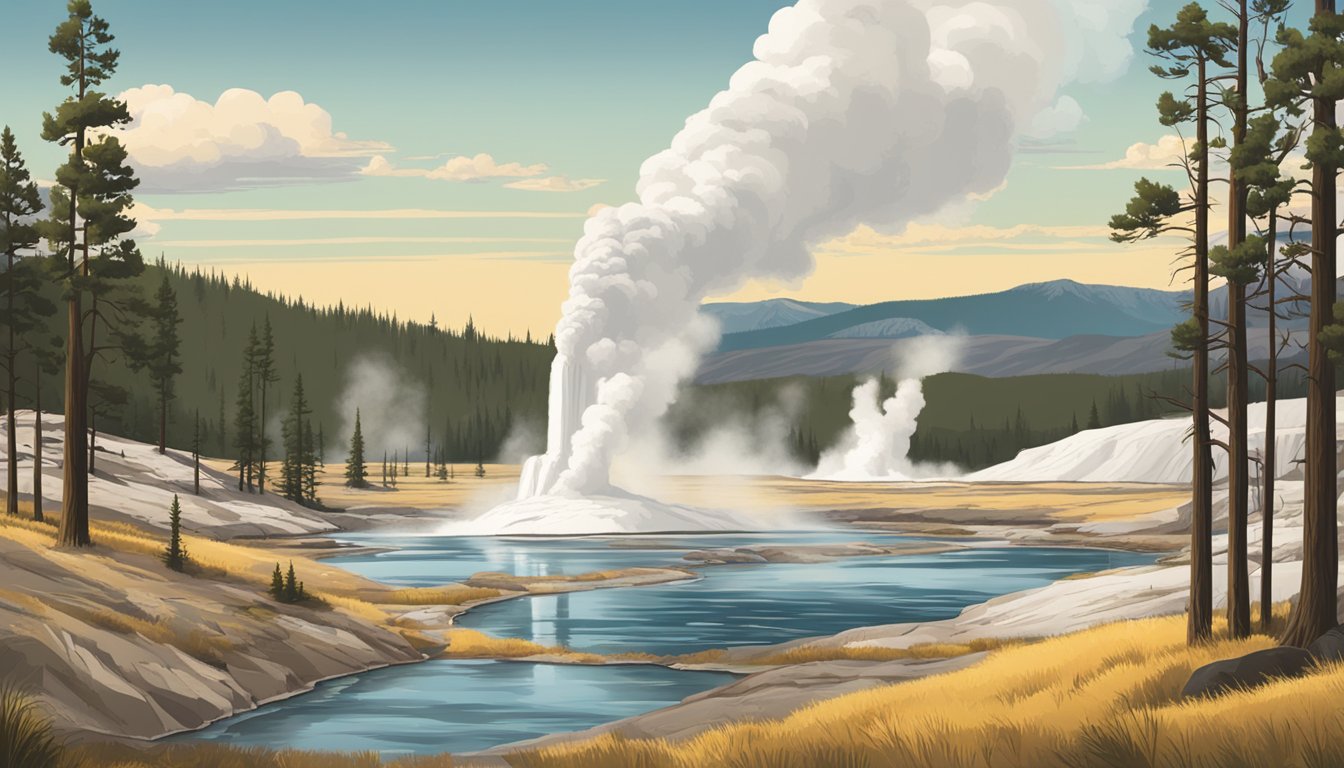 Scenic view of Yellowstone landscape with iconic geysers and wildlife