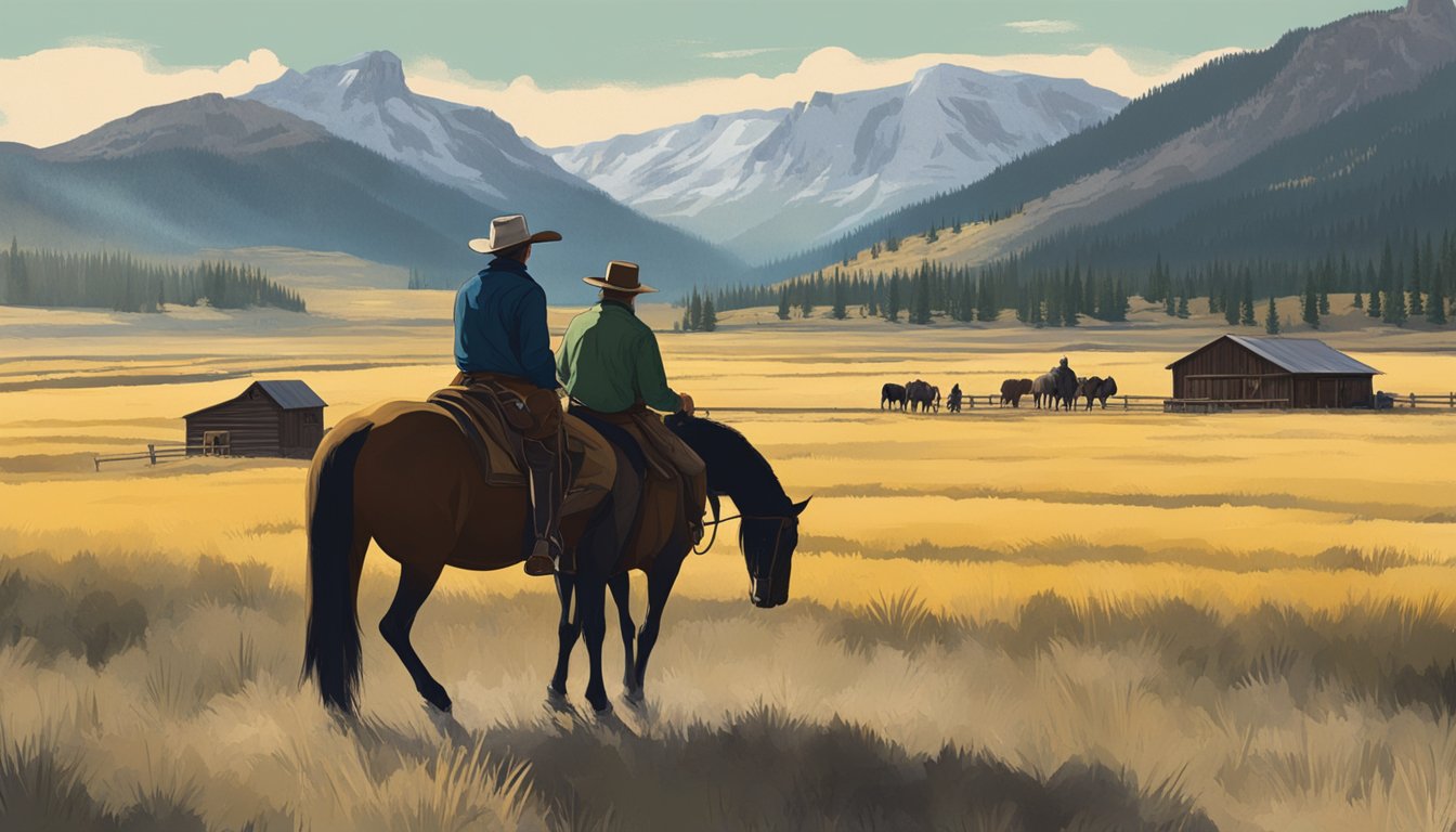 A tense exchange between two characters at the Yellowstone ranch, with a dramatic backdrop of the rugged Montana landscape