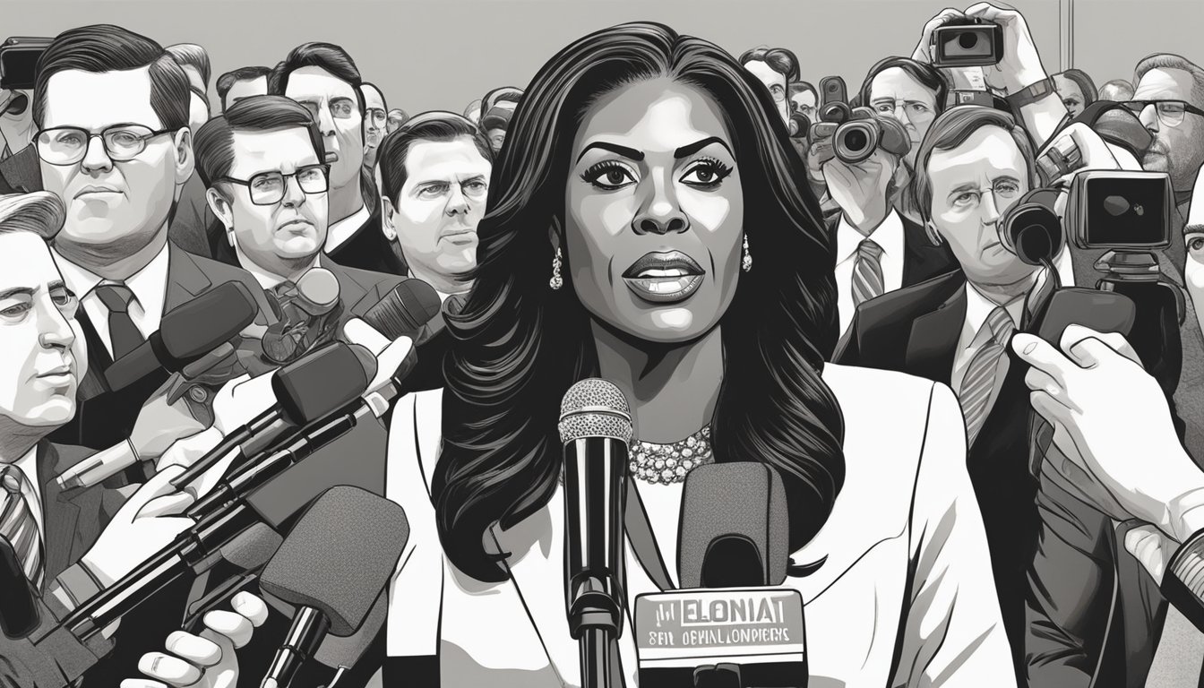 Omarosa confidently stands in front of a microphone, surrounded by a crowd of reporters and cameras. She exudes power and charisma as she addresses the public