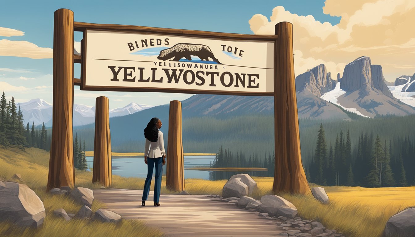 Omarosa standing in front of the iconic Yellowstone sign, with the vast and picturesque landscape of the national park in the background