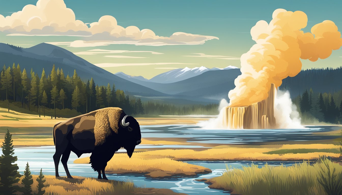 A dramatic landscape with iconic Yellowstone scenery, including geysers and wildlife, set against a backdrop of rugged mountains and lush forests