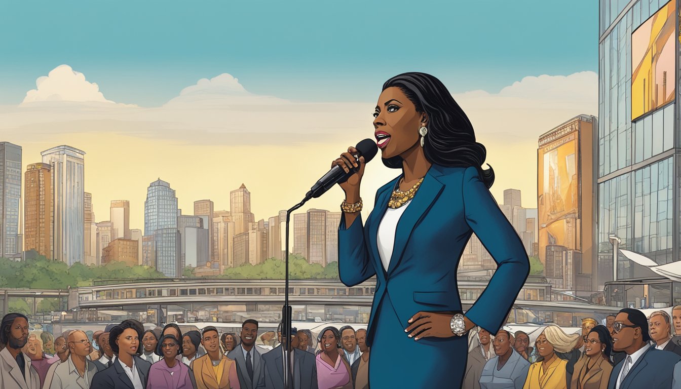 Omarosa stands in front of a bustling city skyline, holding a microphone and speaking to a crowd. In the background, a billboard advertises the hit TV show "Yellowstone."