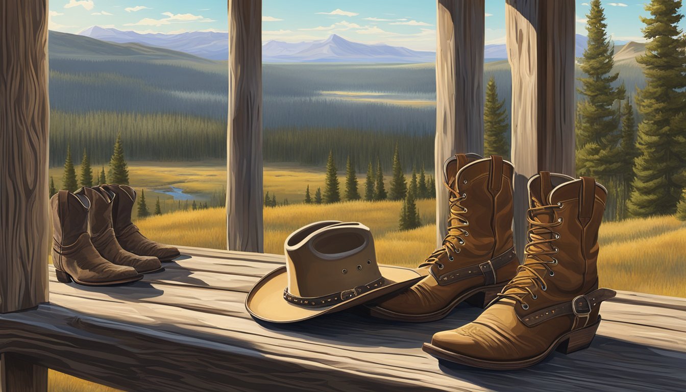 A rugged cowboy hat and a pair of weathered cowboy boots sit on a wooden porch, surrounded by the vast expanse of the Yellowstone wilderness