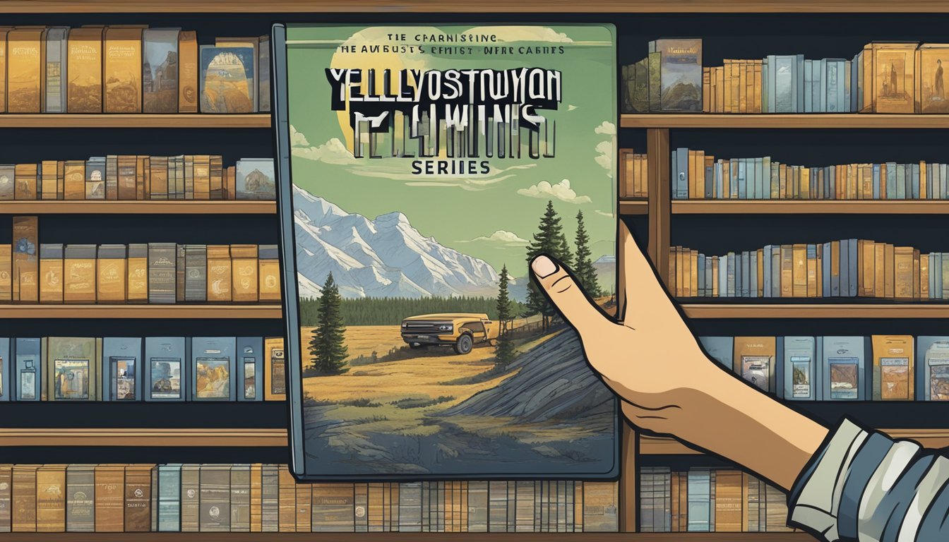 A hand reaching for a DVD case with the Yellowstone series cover art, displayed on a store shelf