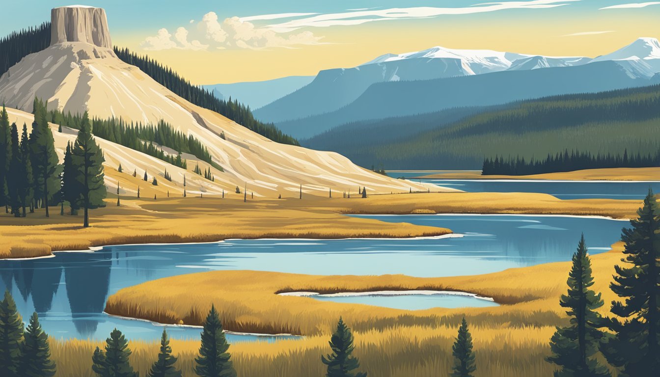 A picturesque landscape with iconic Yellowstone landmarks under a clear blue sky