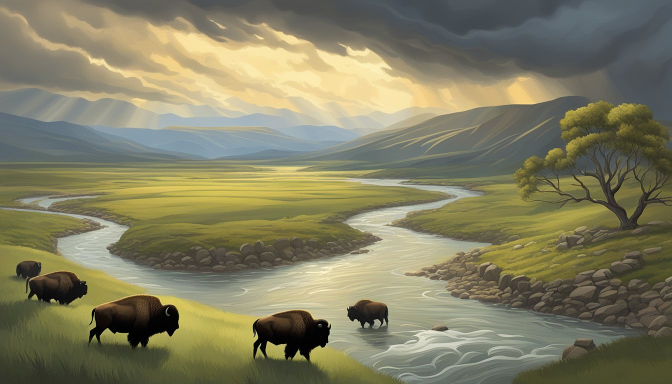 A vast, rugged landscape with rolling hills, grazing bison, and a flowing river under a dramatic, stormy sky