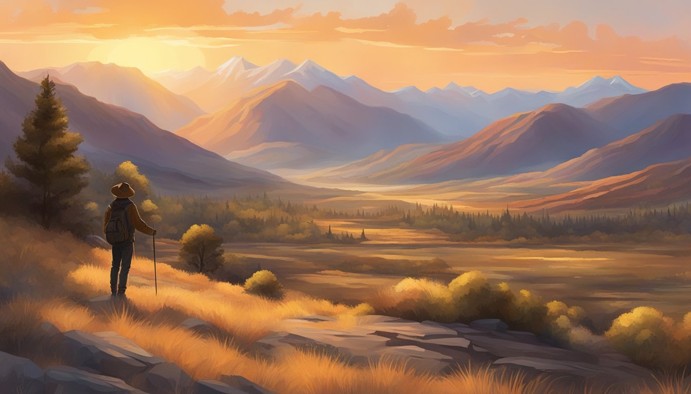 A lone figure stands against a backdrop of rugged mountains and a sprawling western landscape. The setting sun casts a warm glow over the scene, creating a sense of nostalgia and anticipation