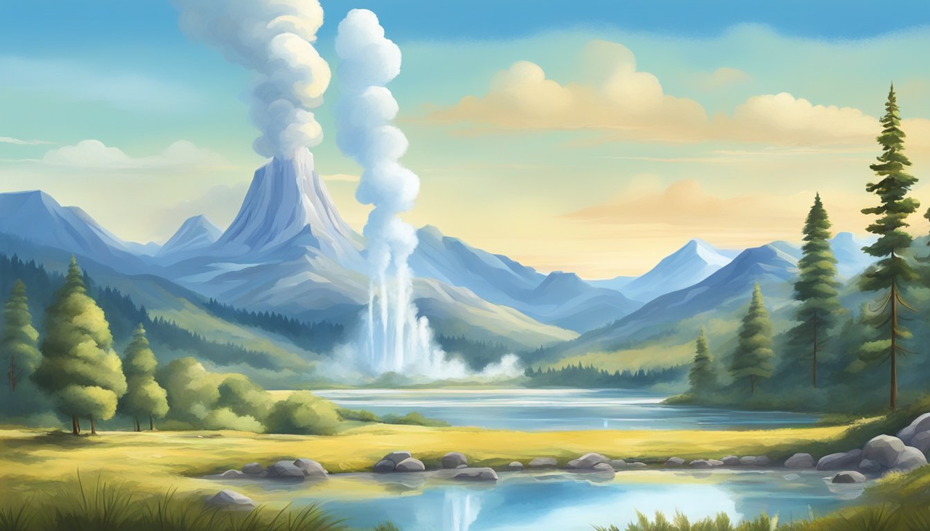 A serene landscape with geysers and wildlife, framed by majestic mountains under a clear blue sky