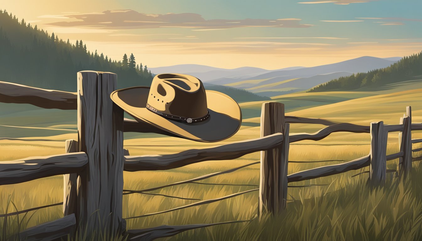 A cowboy hat hangs on a weathered fence post, surrounded by rolling hills and grazing cattle