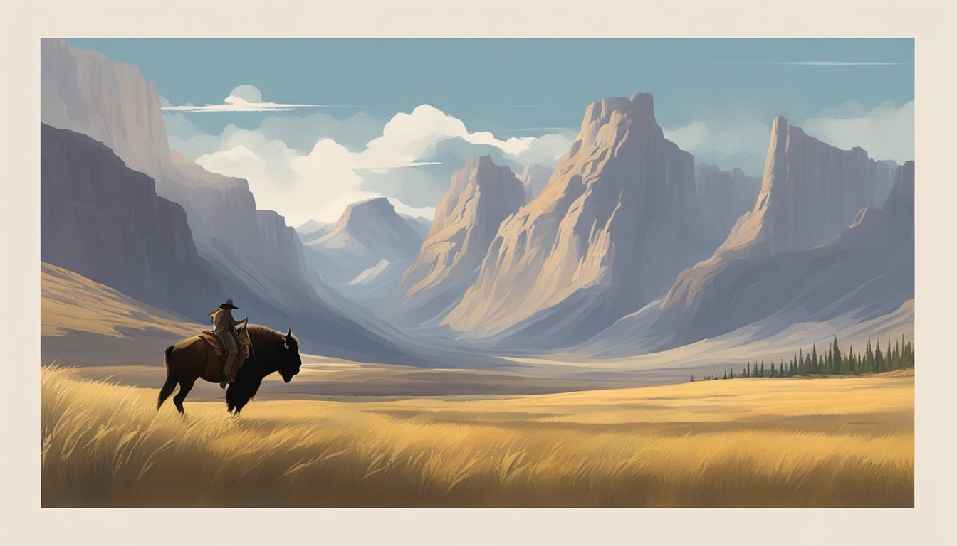 A lone cowboy rides through a vast, rugged landscape, surrounded by towering mountains and grazing bison