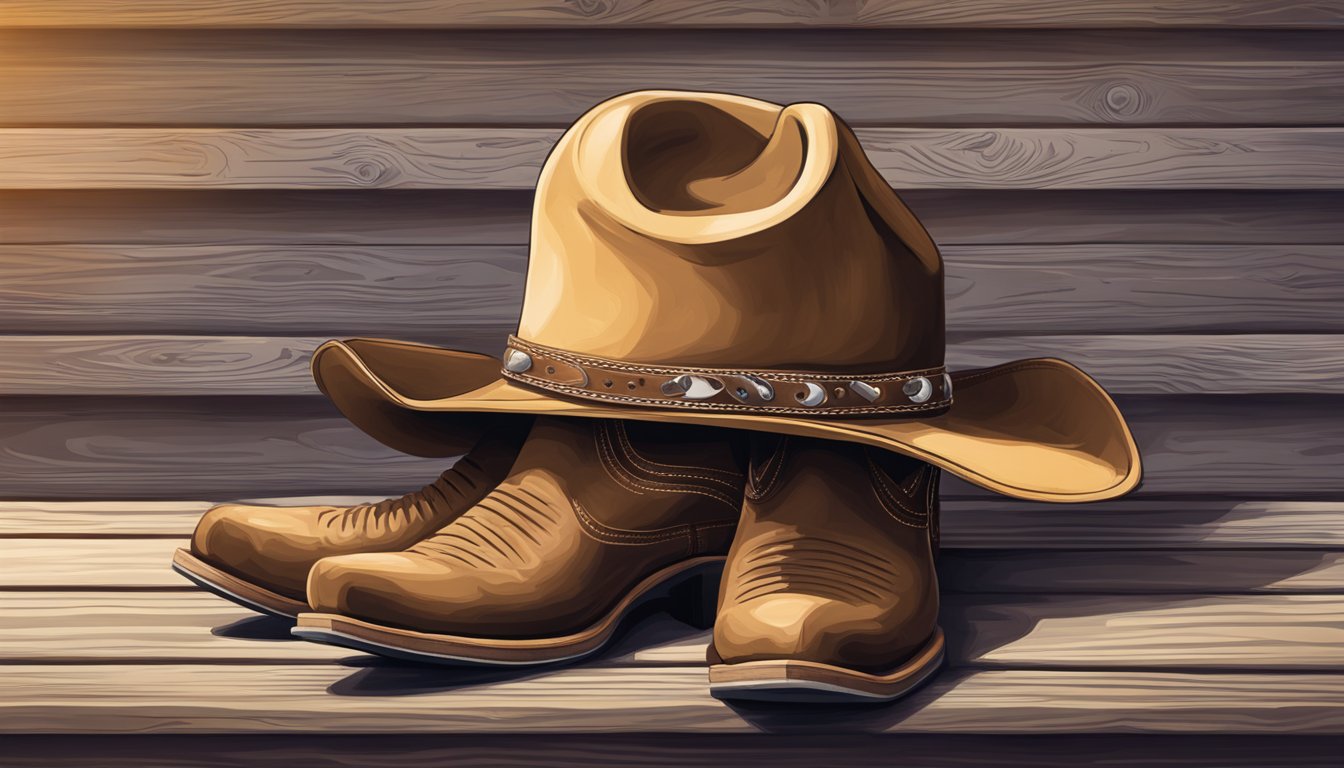 A cowboy hat and a pair of cowboy boots on a wooden porch