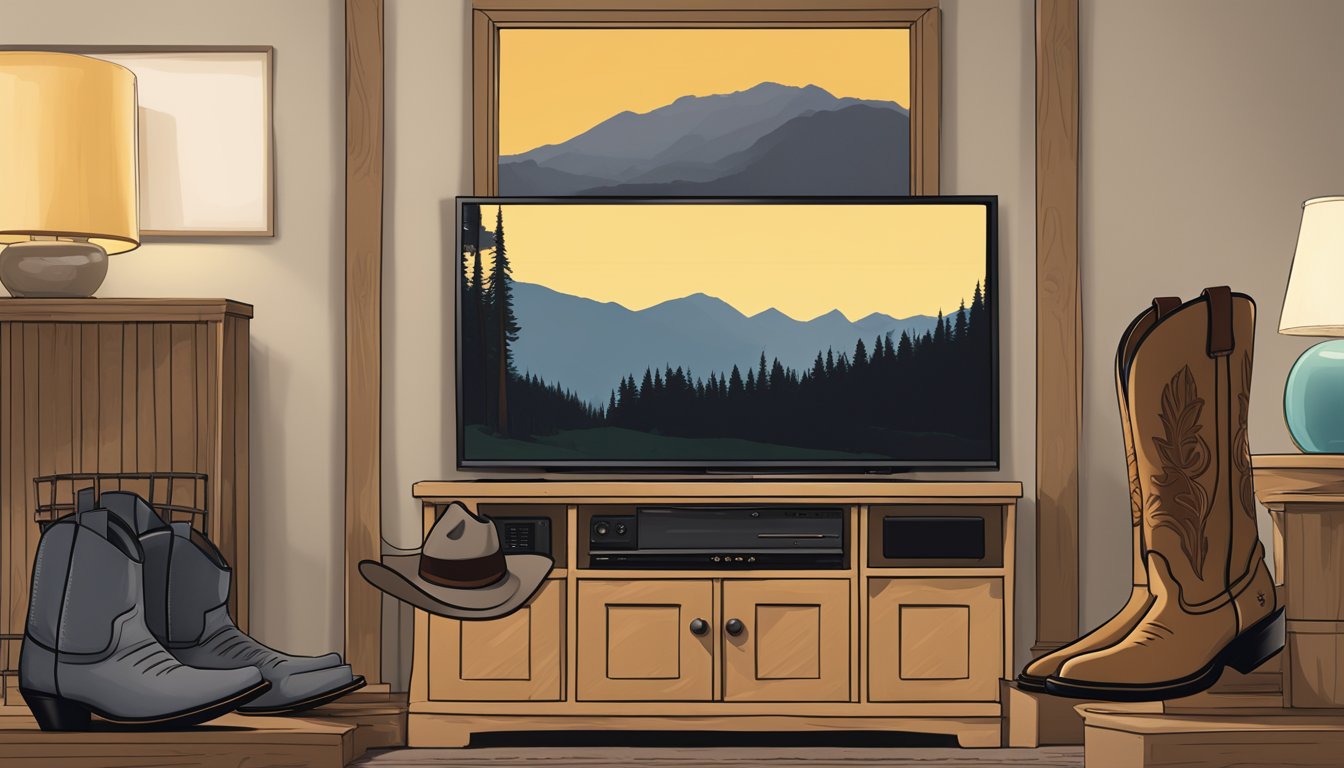 A cowboy hat and a pair of cowboy boots placed next to a TV screen showing the Yellowstone series