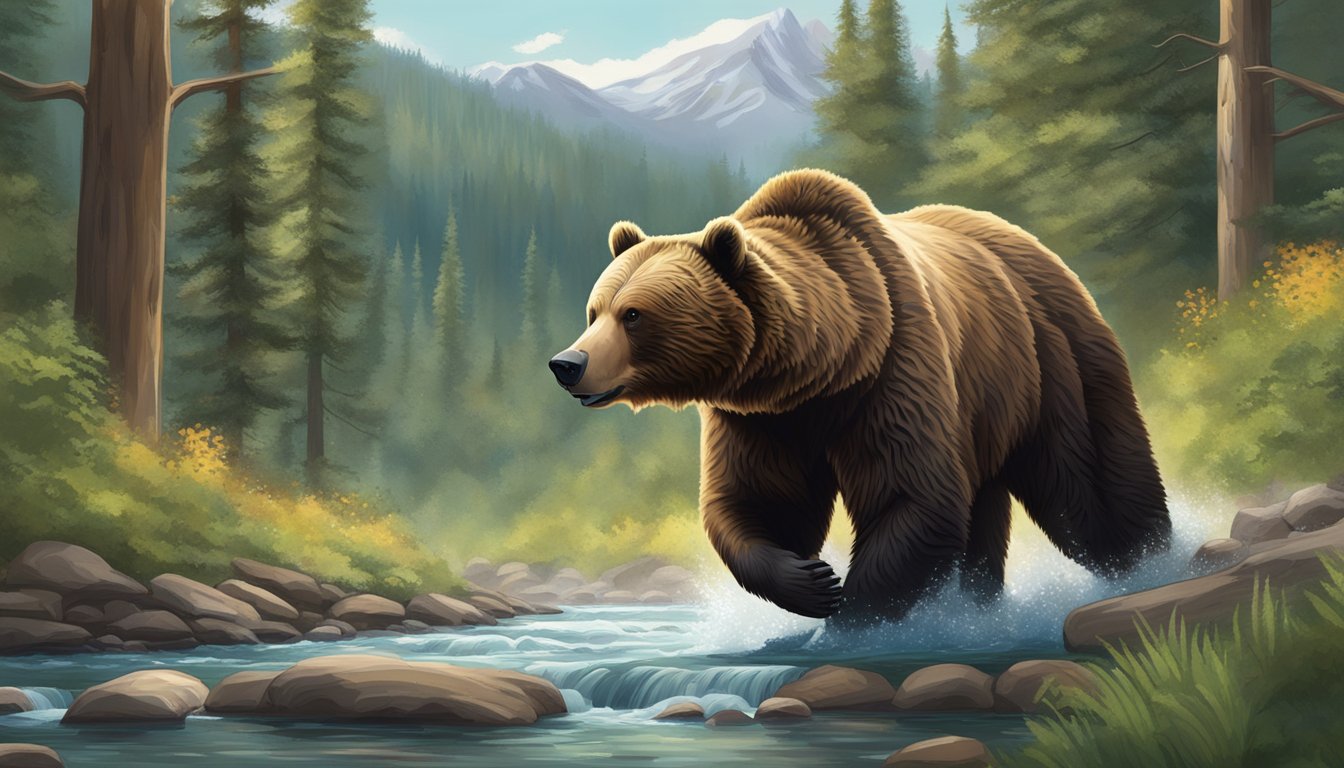 A grizzly bear roams through a lush forest, with towering trees and a bubbling stream in the background