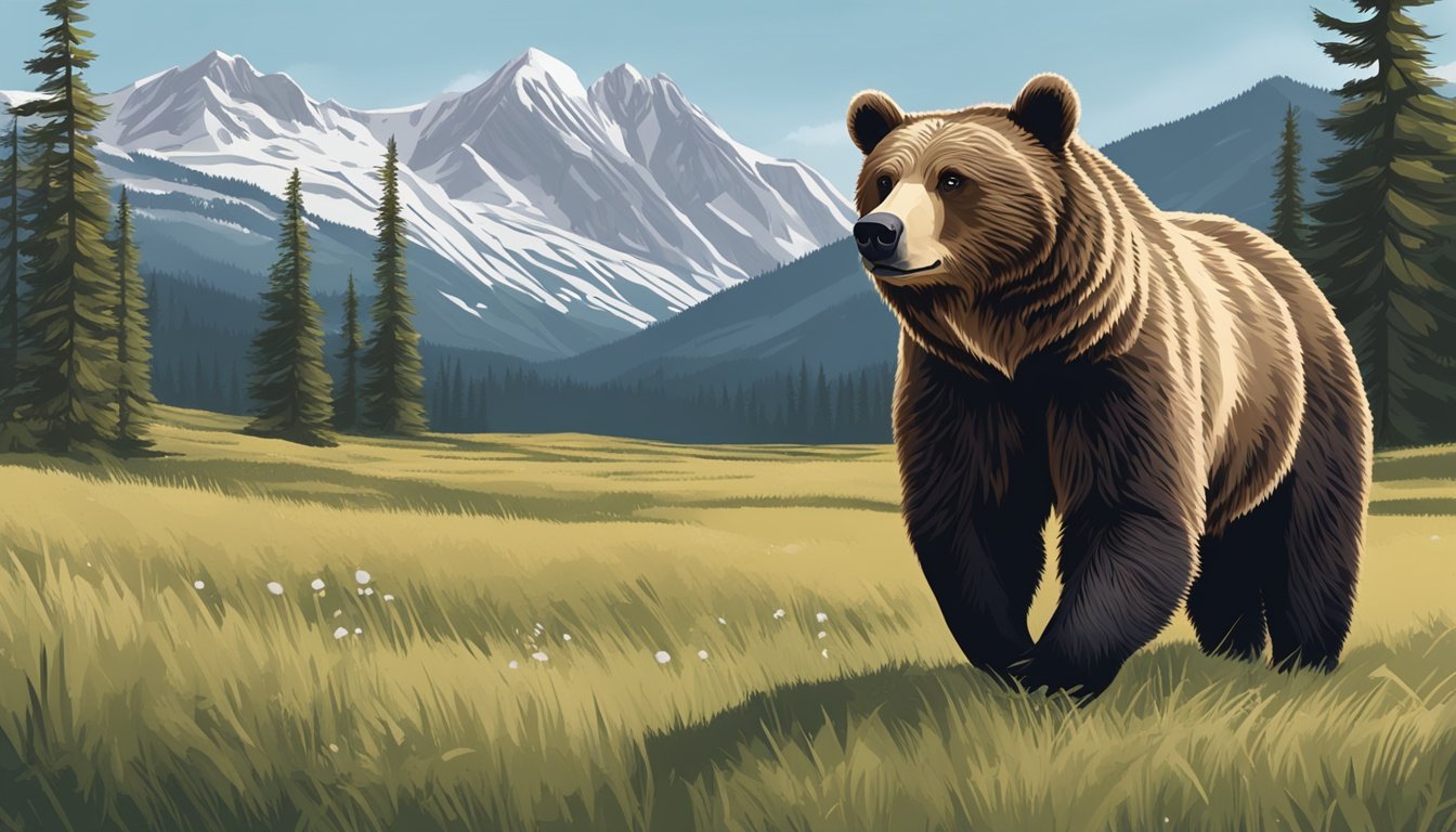 A grizzly bear stands in a lush meadow, surrounded by tall pine trees and snow-capped mountains in the distance