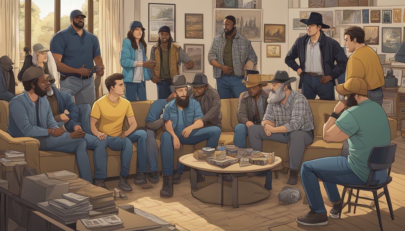 A group of diverse fans eagerly discussing the return of the Yellowstone series, surrounded by show memorabilia and merchandise