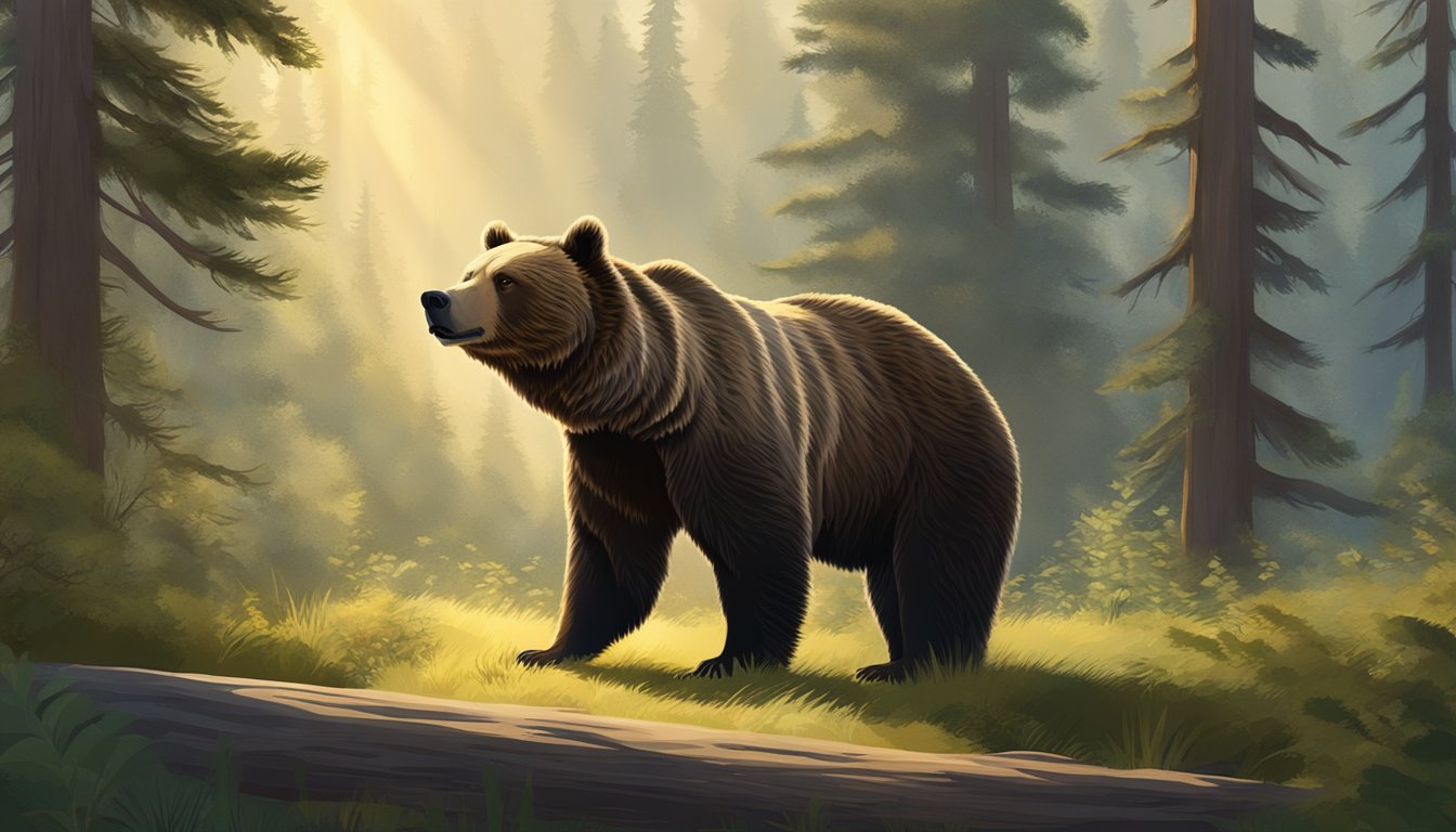 A grizzly bear stands in front of a lush forest backdrop, its fur glistening in the sunlight as it looks directly at the viewer